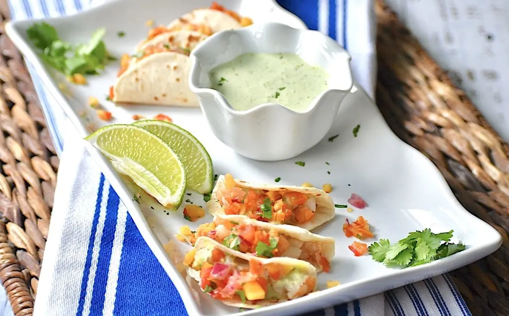 peach salsa shrimp tacos